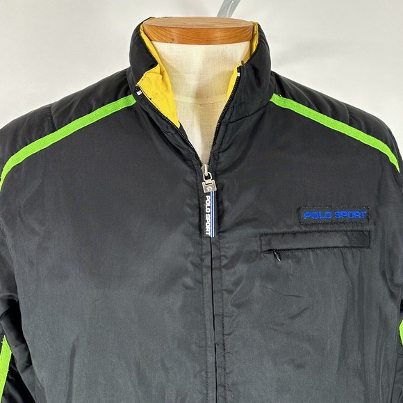 Vtg Polo Sport Coat Jacket Ralph Lauren Black Nylon Mens M Green Strip Logo Warm - Picture 2 of 11
